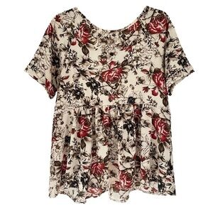 LARA Brown and Red Floral Tie Back Peplum Top, M